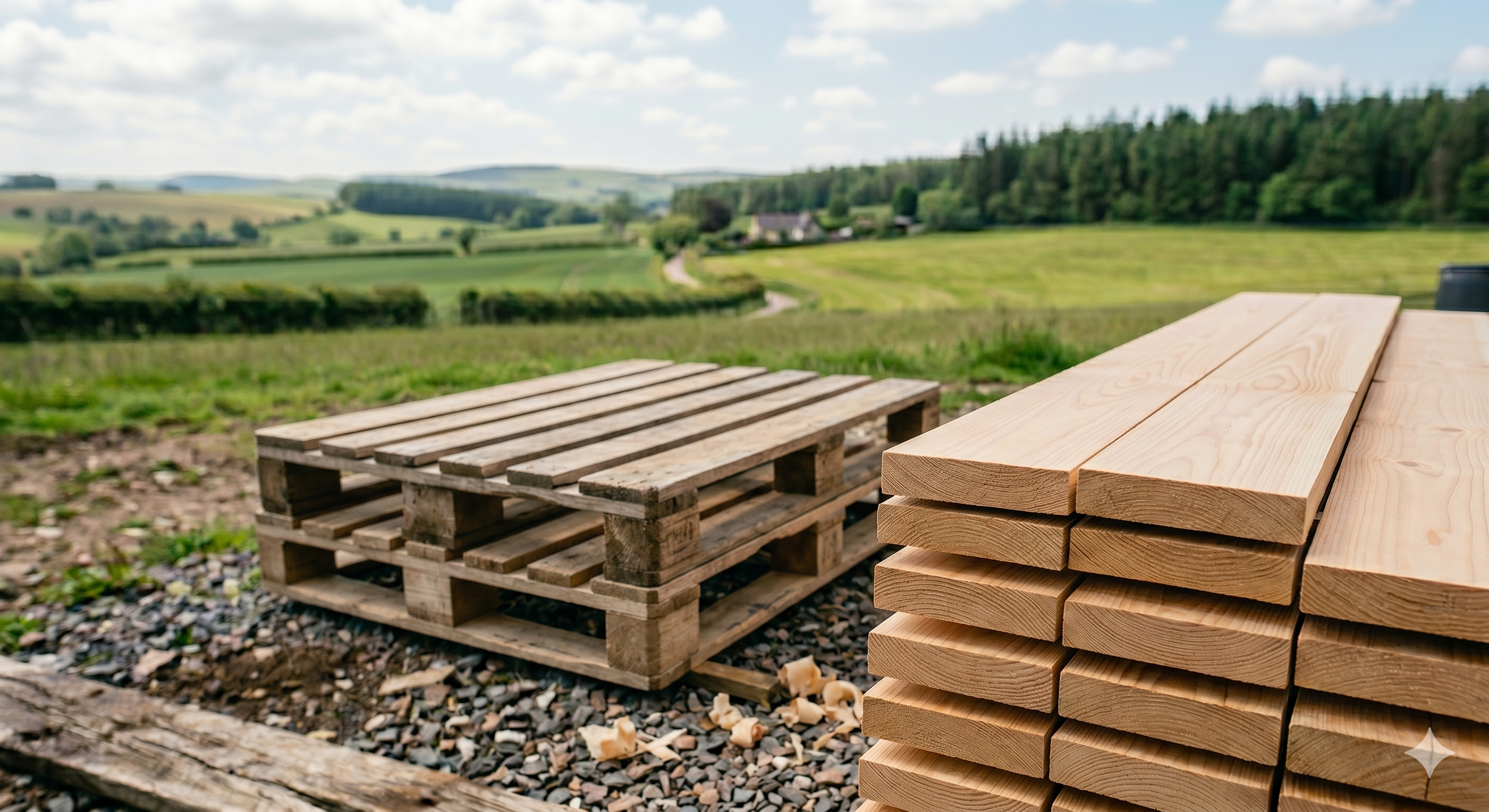 Sloophout en gezaagde planken in een landelijk landschap