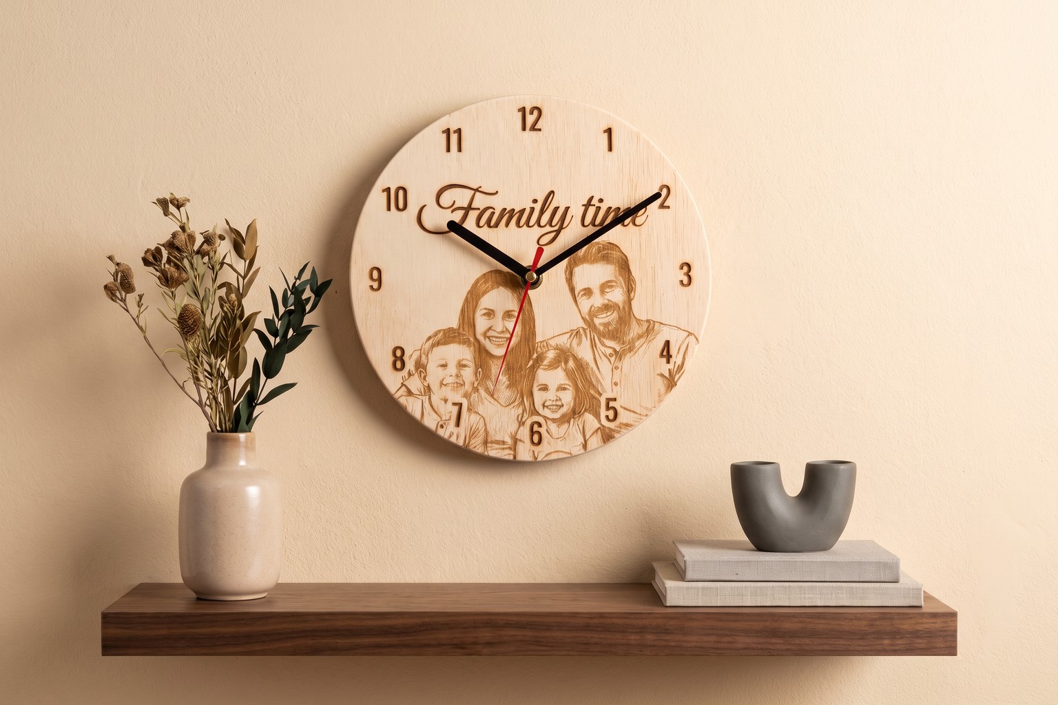 Houten klok aan de muur met een gegraveerde gezinsfoto